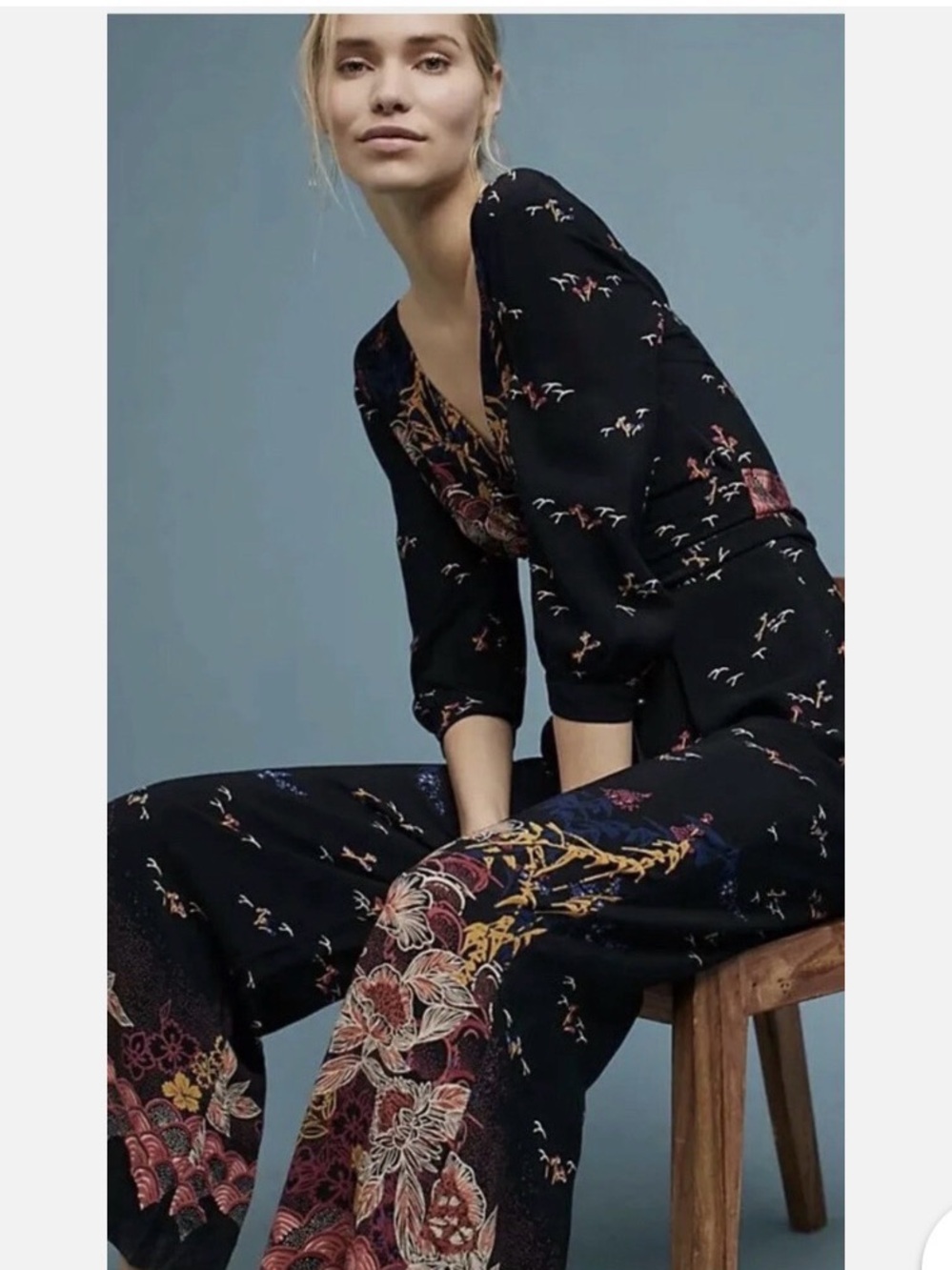 Anthropologie Feather Bone Nara Wide Leg Black Floral Wrap Jumpsuit - Picture 4 of 14